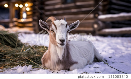 Goat Relaxing in Snow with Cozy Cabin Background. 131005840