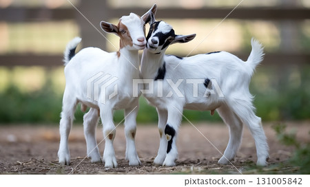 Two Adorable Baby Goats Playing and Nuzzling Each Other 131005842