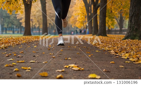 An athlete jogs in an autumn park among colorful leaves. Concept of men's fitness and a healthy lifestyle in nature. 131006196