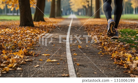 An athlete jogs in an autumn park among colorful leaves. Concept of men's fitness and a healthy lifestyle in nature. 131006199