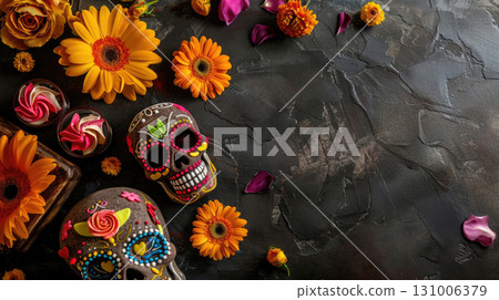 Colorful sugar skulls and marigold flowers arranged on a dark surface for Day of the Dead celebration in Mexico. horizontal banner, copy space, free space for text 131006379