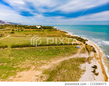 Caravan camping on coast. Aerial view 131006473