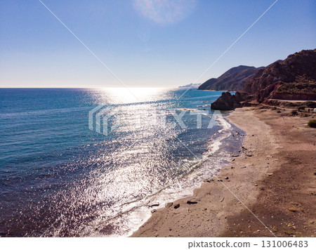 Aerial view. Sea coast, Sombrerico Beach in Almeria Spain. 131006483