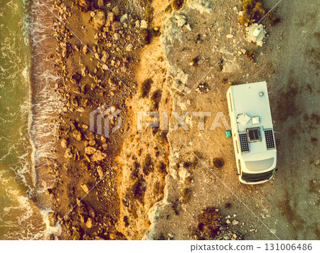 Rv caravan on spanish rocky coast. Aerial view 131006486