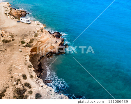 Camper on coast in Spain. Aerial view Camper on coast in Spain. Aerial view 131006489