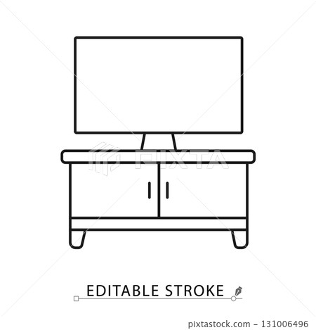 A tv stand icon in minimalist style with editable stroke. Media furniture, television cabinet, living room decor, home interior, storage unit, entertainment design, modern element, wooden stand. A tv stand icon in minimalist style with editable stroke. Media furniture, television cabinet, living room decor, home interior, storage unit, entertainment design, modern element, wooden stand. 131006496