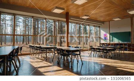 A modern, spacious school classroom with large panoramic windows overlooking nature. The concept of modern education combined with ecology. 131006565
