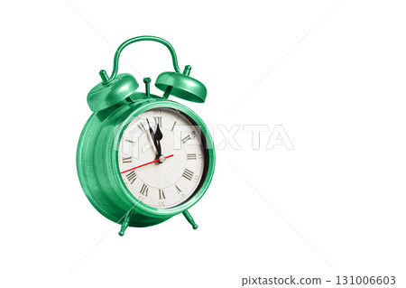 retro clock, pointer clock, green color alarm clock on isolated white background retro clock, pointer clock, green color alarm clock on isolated white background 131006603