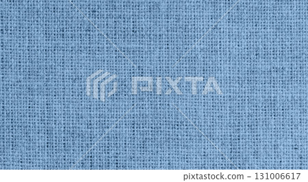 Blue burlap fabric texture close-up, coarse woven textile background 131006617