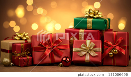 Stack of festive Christmas and New Year presents with ribbons on a wooden surface with a bright bokeh background. 131006696