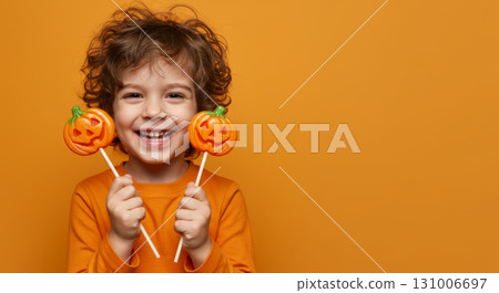 Happy boy holding pumpkin lollipops on an orange background, celebrating Halloween.  131006697
