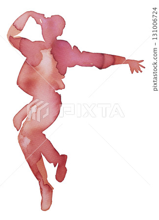 Dynamic leap captured in watercolor and ink showcasing fluid movement in vibrant hues 131006724