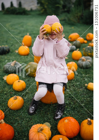 Girl holding pumpkins while sitting on a stool surrounded by colorful pumpkins in a garden Girl holding pumpkins while sitting on a stool surrounded by colorful pumpkins in a garden 131006731