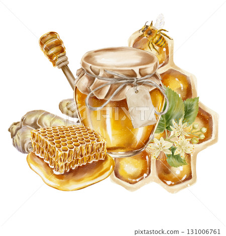 Watercolor illustration jar of golden honey dripping honeycomb ginger root blooming linden flowers bee and stylized honeycomb cells. for health food branding herbal tea cosmetics and Jewish holidays. Watercolor illustration jar of golden honey dripping honeycomb ginger root blooming linden flowers bee and stylized honeycomb cells. for health food branding herbal tea cosmetics and Jewish holidays. 131006761