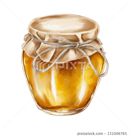 Watercolor illustration glass jar filled with golden honey covered with kraft paper and tied with string in rustic style. for packaging cosmetics food branding herbal product and seasonal promotions. 131006765