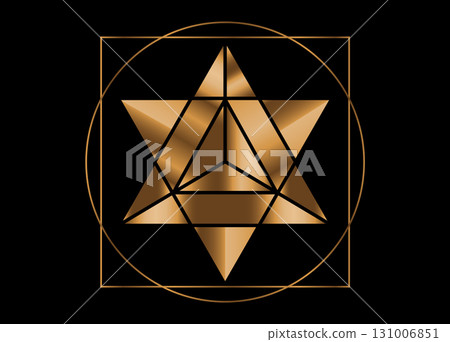 Gold Merkaba sacred spiritual icon. Energy soul symbol. Sacred geometry Merkabah, Star of David, golden gradient pattern effect, isolated on black background 131006851