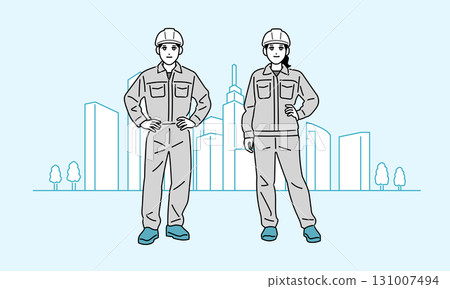 Full-body illustration of male and female workers wearing helmets 131007494