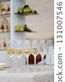 Elegant champagne glasses ready for celebration at luxury outdoor event 131007546