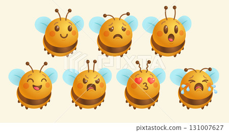 Vector set of bee emoji in cute kawaii realistic style. Vector bee in 3D style. Different moods. 131007627