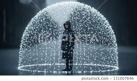 Raindrops bounce off a raincoat, forming glowing spheres that float in the air around a person standing in a rainy urban environment during a gloomy day. 131007646