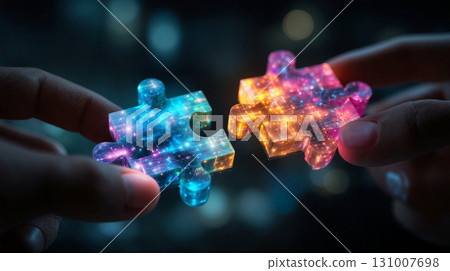 Team collaborates to connect vibrant puzzles that illuminate with color and creativity 131007698