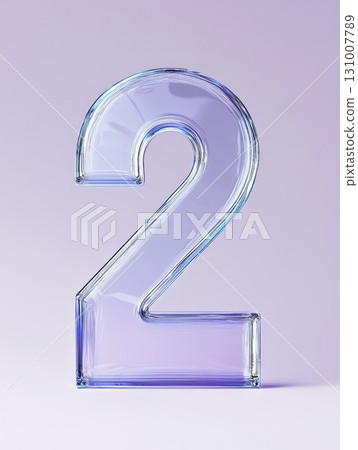 A transparent glass number two stands prominently against a gentle purple background, highlighting modern artistry and unique design A transparent glass number two stands prominently against a gentle purple background, highlighting modern artistry and unique design 131007789