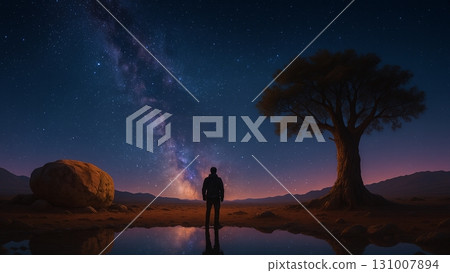 Silhouette of a person and a large tree looking up at the Milky Way and starry sky 131007894