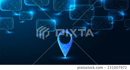 Geolocation communication concept with glowing map pin and speech bubbles on dark tech background 131007972