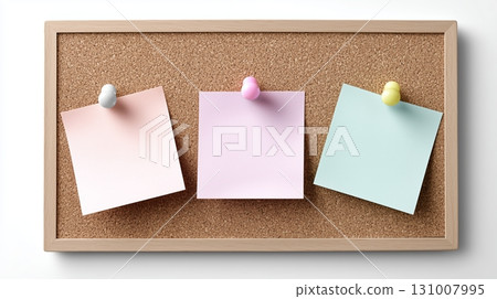 Colorful sticky notes displayed on a corkboard with wooden frame 131007995