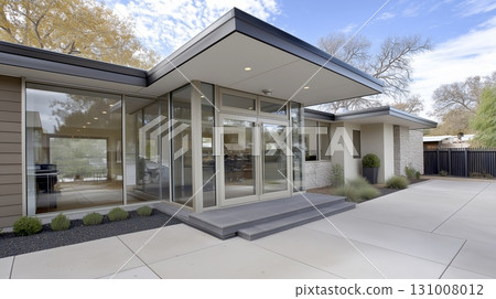 Modern architectural style house with large glass windows and inviting entrance 131008012