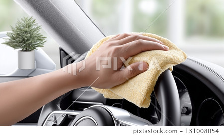 Cleaning a car interior with a microfiber cloth in a bright space 131008054