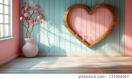 Decorative heart frame and floral arrangement in a pastel room setting 131008067