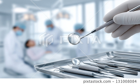 Close-up of dental tools with dentist and patient in clinic background 131008084