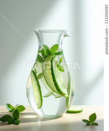 Refreshing Still Life Glass Carafe of Cucumber and Mint Infused Water 131008095