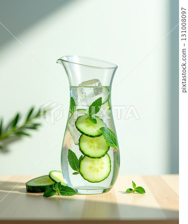 Refreshing Clear Glass Pitcher with Cucumber and Mint Infusion 131008097