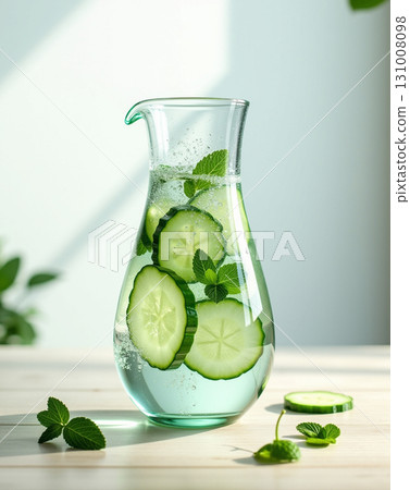 Refreshing Minimalist Cucumber Infused Water in Glass Carafe with Mint Leaves 131008098