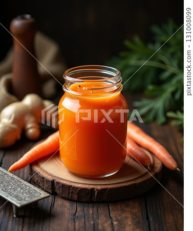 Appealing Close Up Shot of Carrot Juice In Glass Jar Beverage 131008099