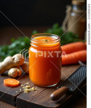 Rustic Still Life Carrot Juice in Mason Jar with Ginger Rustic Still Life Carrot Juice in Mason Jar with Ginger 131008101