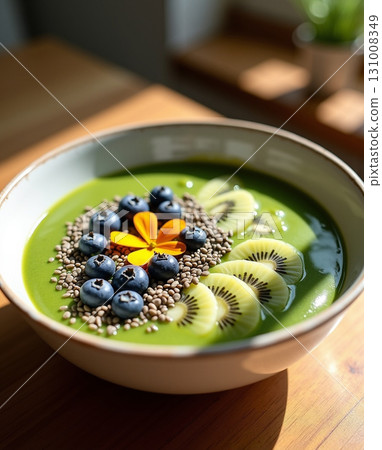 Bright and Colorful Matcha Smoothie Bowl Topped With Fruit Delicious Bright and Colorful Matcha Smoothie Bowl Topped With Fruit Delicious 131008349