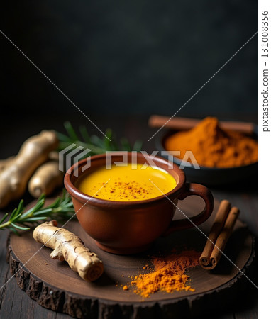 Golden Turmeric Latte in Rustic Clay Cup on Wood Slice Golden Turmeric Latte in Rustic Clay Cup on Wood Slice 131008356