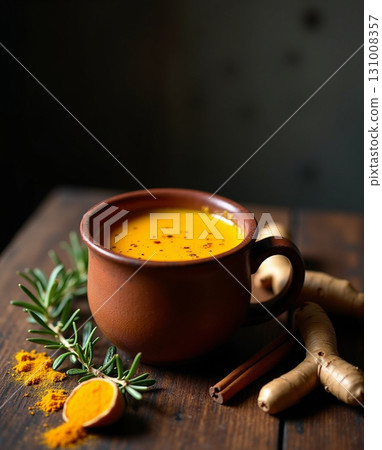 Rustic Golden Milk Turmeric Latte Drink with Rosemary and Cinnamon Sticks 131008357