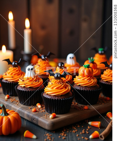 Delicious Halloween Cupcake with Ghost Bat and Pumpkin on Wooden Board 131008368