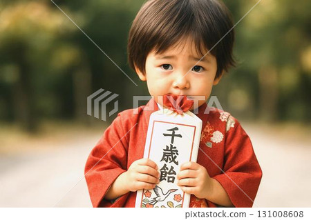 孩子們用千歲糖慶祝七五三節。照片中，孩子們穿著和服，興高采烈。 131008608