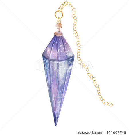 Purple magic crystal on a gold chain. Watercolor illustration of a mineral used in divination and searching. Mystical ritual. Isolated on a white background Purple magic crystal on a gold chain. Watercolor illustration of a mineral used in divination and searching. Mystical ritual. Isolated on a white background 131008746