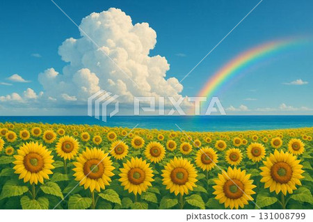 向日葵田，藍天，積雨雲，彩虹，大海，夏日形象，照片般逼真 131008799