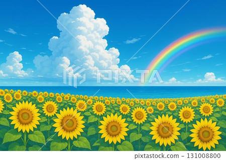 向日葵田，藍天，積雨雲，彩虹，大海，夏日形象，動畫風格 131008800