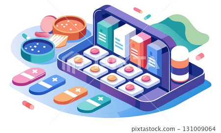 This high resolution image provides a sharp and detailed view of a pill organizer with daily compartments, emphasizing its user-friendly design and role in promoting medication adherence, creating a This high resolution image provides a sharp and detailed view of a pill organizer with daily compartments, emphasizing its user-friendly design and role in promoting medication adherence, creating a 131009064
