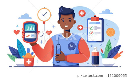 A patient skillfully uses a digital blood sugar monitor, highlighting the importance of self-monitoring and proactive management of diabetes, creating an image suitable for medical publications, diab 131009065