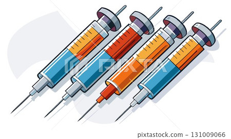 A detailed close up showcases medical syringes individually sealed in sterile packaging, emphasizing the importance of hygiene and safety protocols in healthcare, creating an image ideal for medical 131009066