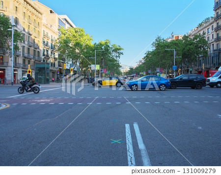 Spain, Barcelona, Casa Batlló intersection, early May morning 131009279